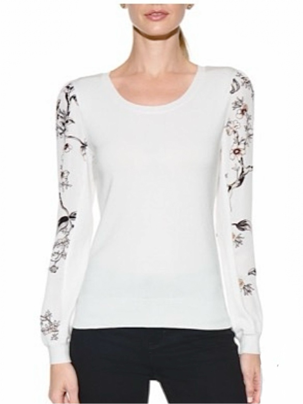 WHBM ECRU LONG SLEEVE FLORAL SLEEVE SWEATER